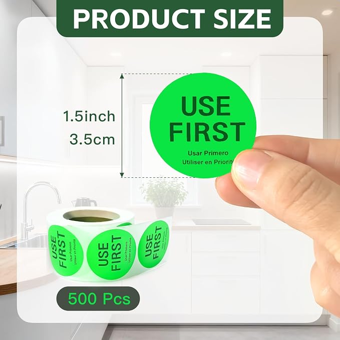 500 Pcs 1.5 Inch Use First Stickers Food Service Roll, Risepekt Green FIFO Label - Image 3