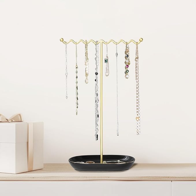 Elegant Jewelry Holder Stand: Metal Tree & Ceramic Tray Organizer - Image 2