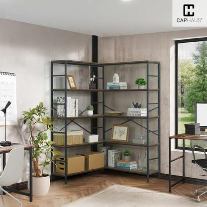 CAPHAUS L-Shaped Bookshelf, 5 Tier Industrial Corner Bookcase, Tall Corner Shelf - Image 8
