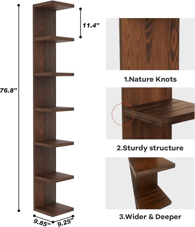 LitaEther Wood Wall Shelf Units, 7 Tier Lack Floating Shelves, Rustic Bookshelf - Image 3