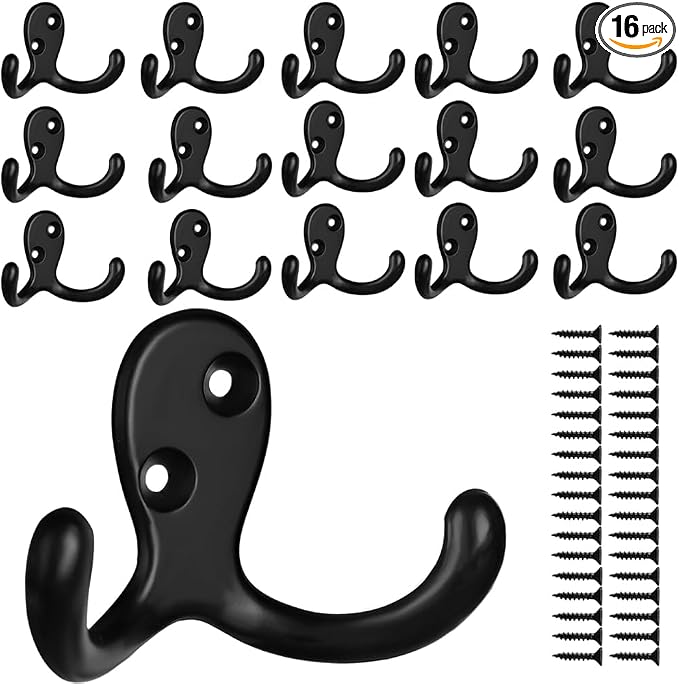 IBosins 16 Pack Heavy Duty Double Prong Coat Hooks Wall Mounted by IBosins