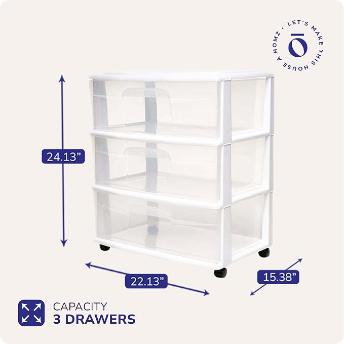 Homz Plastic 3 Drawer Wide Cart, 4 Casters Included, Home Office, and Dorm Rooms - Image 3