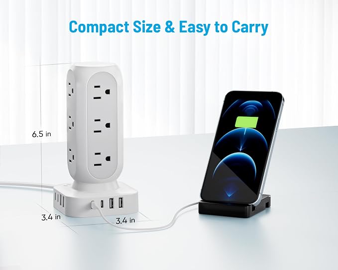 Flat Plug Power Strip Tower, 40W Total Fast Charging Station, Dual PD 20W USB-C - Image 6