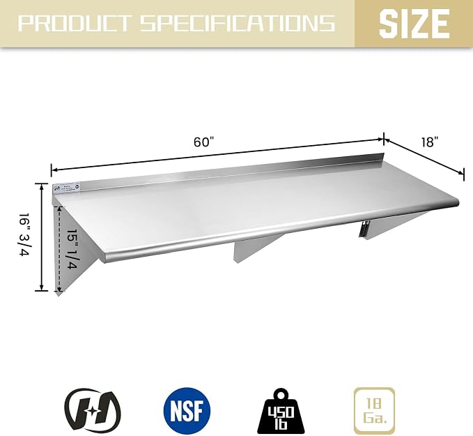 HALLY SINKS & TABLES H Stainless Steel Shelf 18 x 60 Inches, 450 lb, Commercial - Image 3