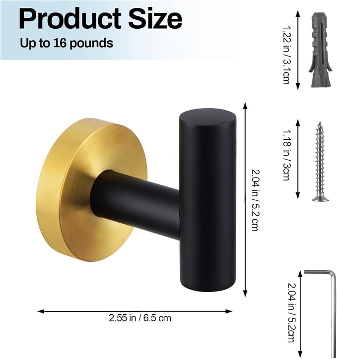 Kruodop Towel Hooks for Bathroom, 2 Packs Wall Mount Towel Holder, Blak Gold - Image 2