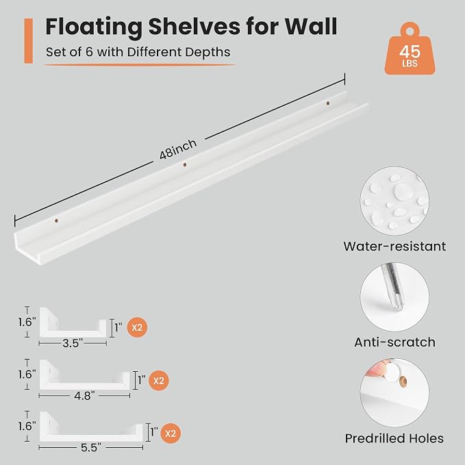 Fun Memories Picture Ledge Shelf, 48 Inch Long Floating Shelves Set of 6 - Image 3