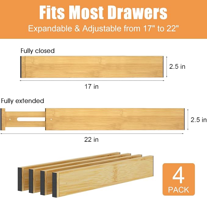 Bamboo Drawer Dividers, 17-22" Adjustable Kitchen Drawer Organizer - Image 3