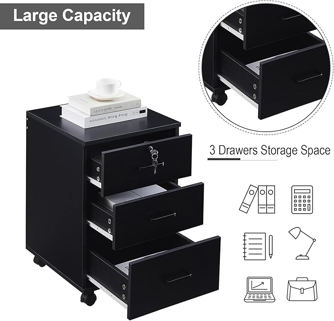 File Cabinet with Lock 3 Drawer Mobile Filing Cabinet with 360° Swivel Wheels - Image 4