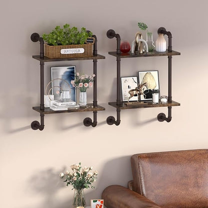 Helsin 2 Tier Industrial Pipe Floating Bathroom Shelves, 16inch Rustic Wood - Image 5