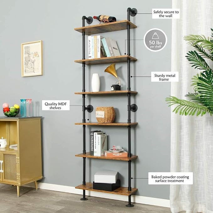 ZIOTHUM 6-Tier Industrial Pipe Shelves Shelf Shelving Rustic Wood Metal Wrought - Image 7