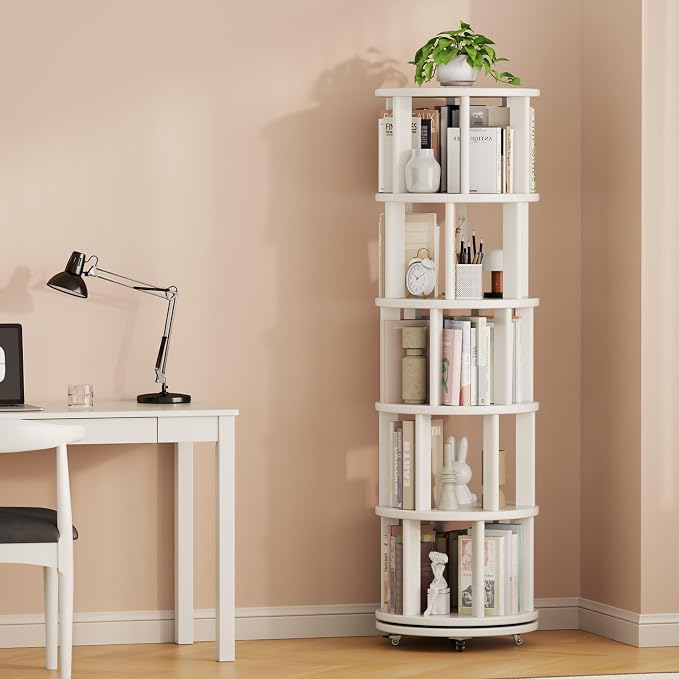 Solid Wood Rotating Bookshelf on Wheels, 5 Tier, Round Revolving Bookcase - Image 9