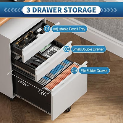 File Cabinet for Home Office, 3 Drawers Mobile File Cabinets Rolling, Under - Image 3