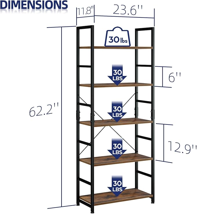 NUMENN 5 Tier Bookshelf, Tall Freestanding Open Storage Bookcase, Vintage | - Image 3