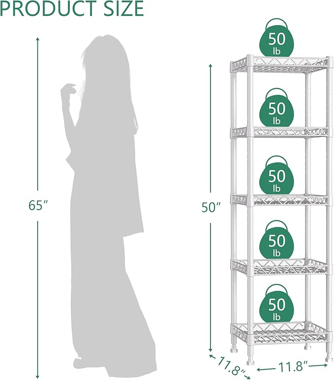 GIOTORENT 5 Tier Standing Shelving Metal Units, Adjustable Height Wire Shelf - Image 7