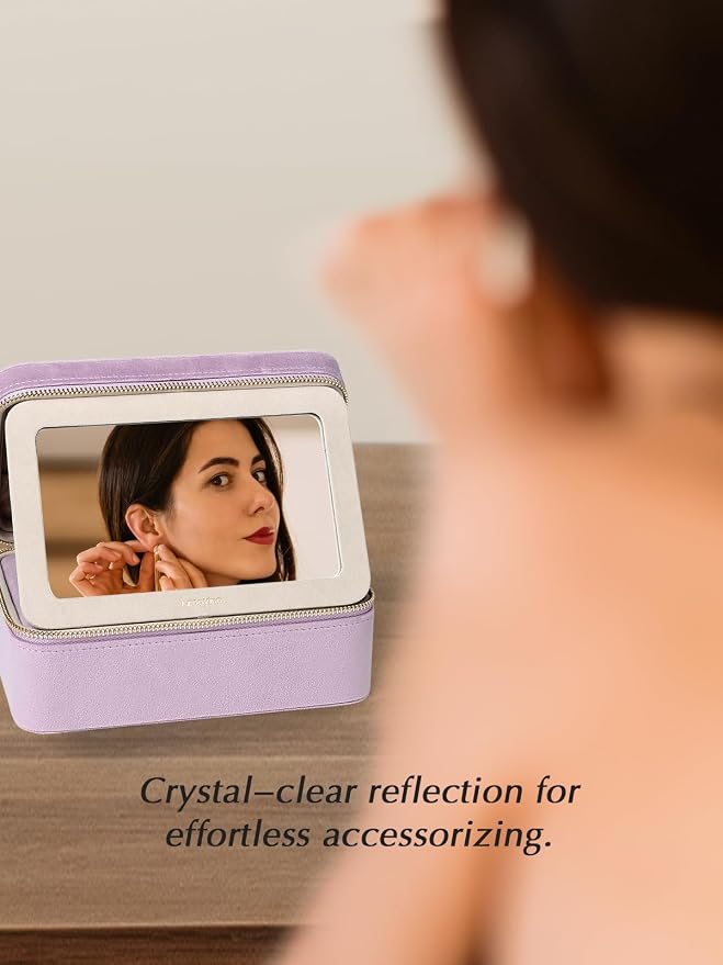 Velvet Travel Jewelry Box with Large Mirror, Double-Layer Jewelry Organizer Case - Image 7