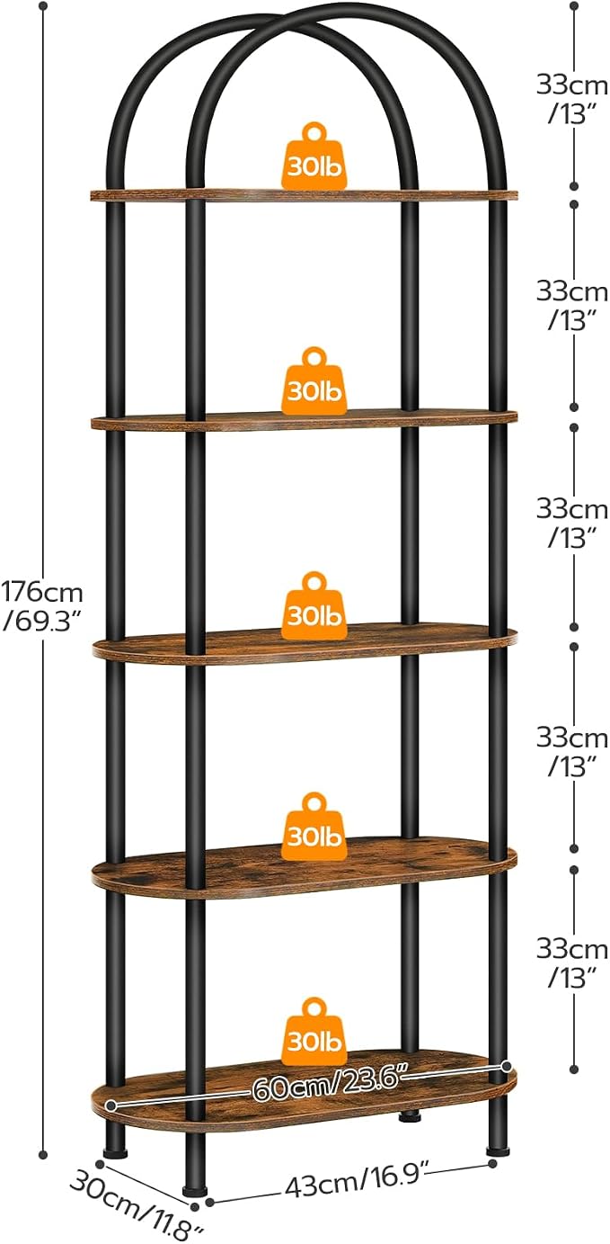 HOOBRO 5 Tier Open Bookshelf, Industrial Arched Bookcase Display Shelf Rack - Image 3