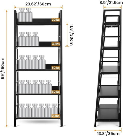 Himimi Black Ladder Bookshelf, 5 Shelf Bookcase Industrial Bookshelf Wood and - Image 3