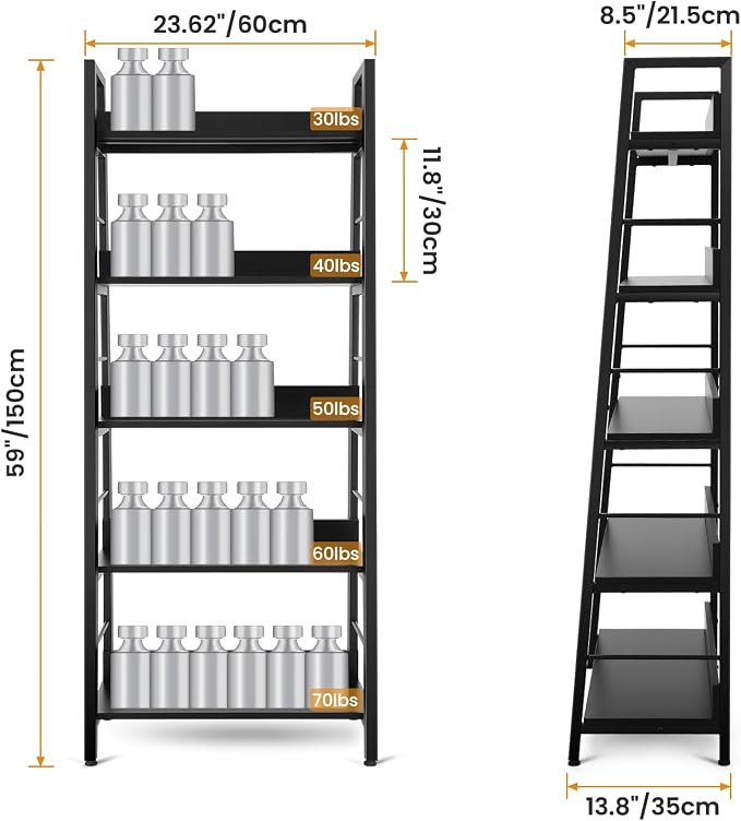 Himimi Black Ladder Bookshelf, 5 Shelf Bookcase Industrial Bookshelf Wood and - Image 3