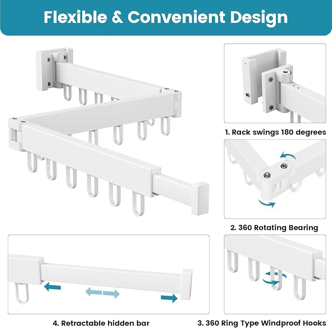 Abiglifty Clothes Drying Rack Wall Mounted, Laundry Drying Rack Collapsible - Image 3