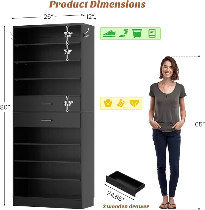 Aheaplus Tall Shoe Cabinet, 10 Tiers Wood Shoe Rack, Vertical Shoe Storage - Image 2