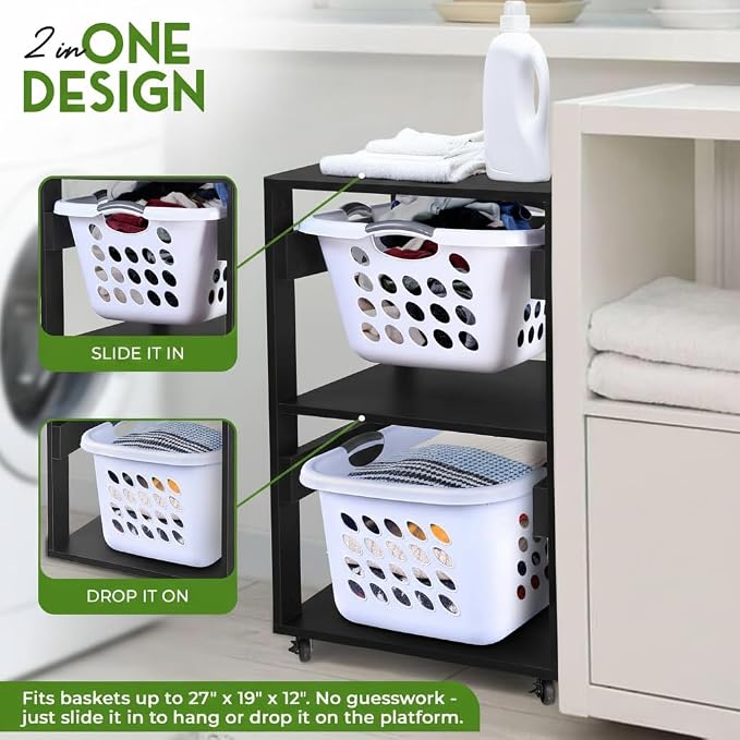 Laundry Basket Holder Shelf, Stackable Laundry Sorter, 2 Tier | Engineered Wood - Image 3