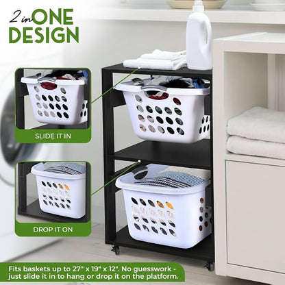 Laundry Basket Holder Shelf, Stackable Laundry Sorter, 2 Tier | Engineered Wood - Image 3