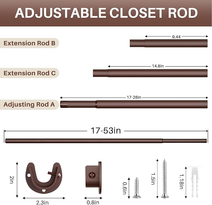 Closet Rod - Closet Rods for Hanging Clothes, 17 to 53 inch Adjustable Closet - Image 2