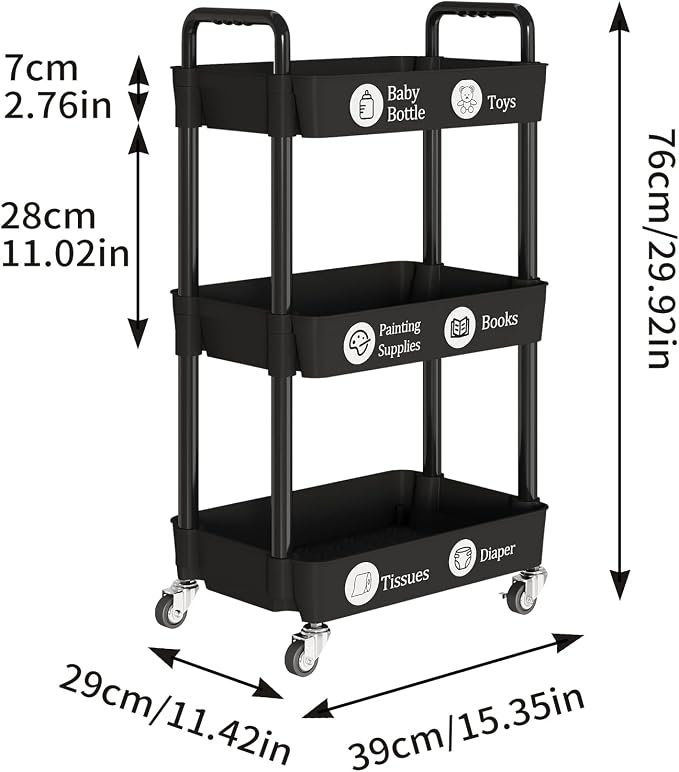 Laiensia 3-Tier Storage Carts, Mobile Shelving Unit Cart - Image 6