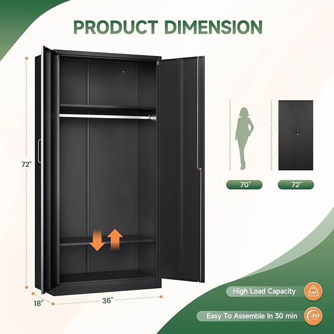 Metal Wardrobe Cabinets with Lock, Clothing Locker 72" X 36" X 18" Storage - Image 3