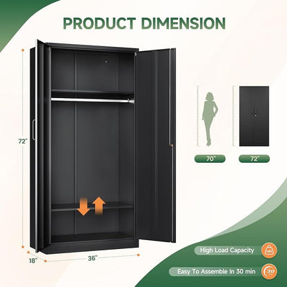 Metal Wardrobe Cabinets with Lock, Clothing Locker 72" X 36" X 18" Storage - Image 3