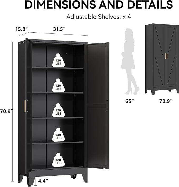 COFaR 71" Modern Pantry Cabinet in Black, 5-Tier Storage Cabinet - Image 2