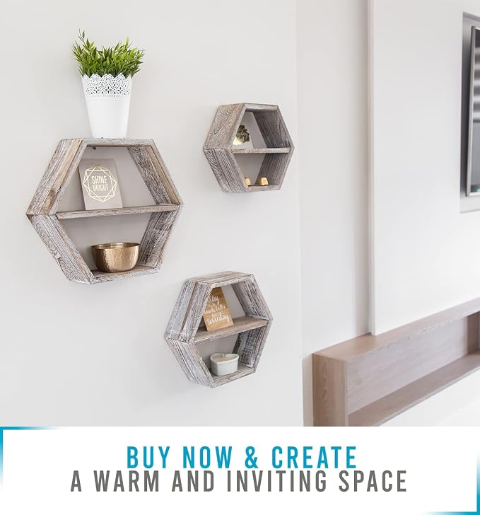 Comfify Rustic White Hexagonal Floating Shelves – Set of 3 – Honeycomb | Rustic - Image 5