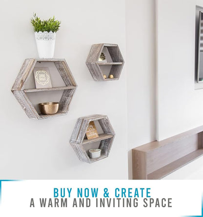 Comfify Rustic White Hexagonal Floating Shelves – Set of 3 – Honeycomb | Rustic - Image 5