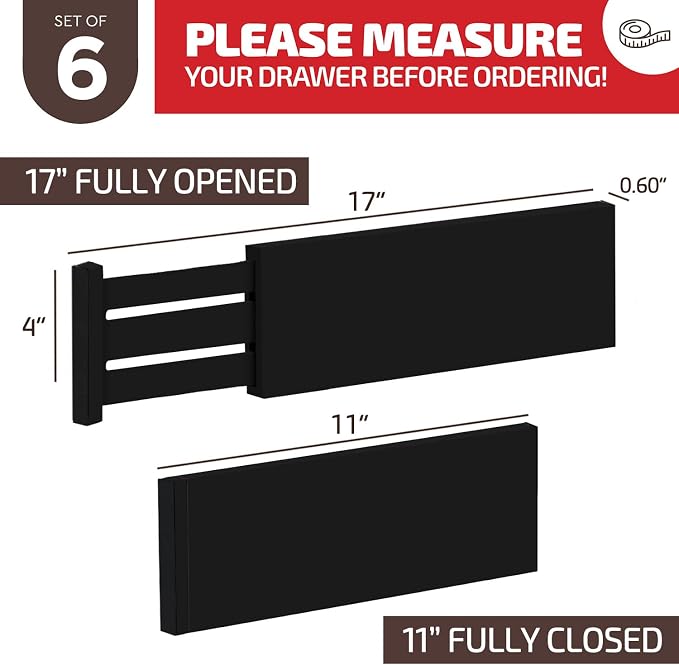 6 Pack Drawer Dividers 4 Inch High, 11”-17" Adjustable Bamboo Organizers Large - Image 3