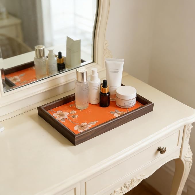 Wooden Valet Tray with Floral Base, EDC Catch All Tray Nightstand Entryway - Image 4