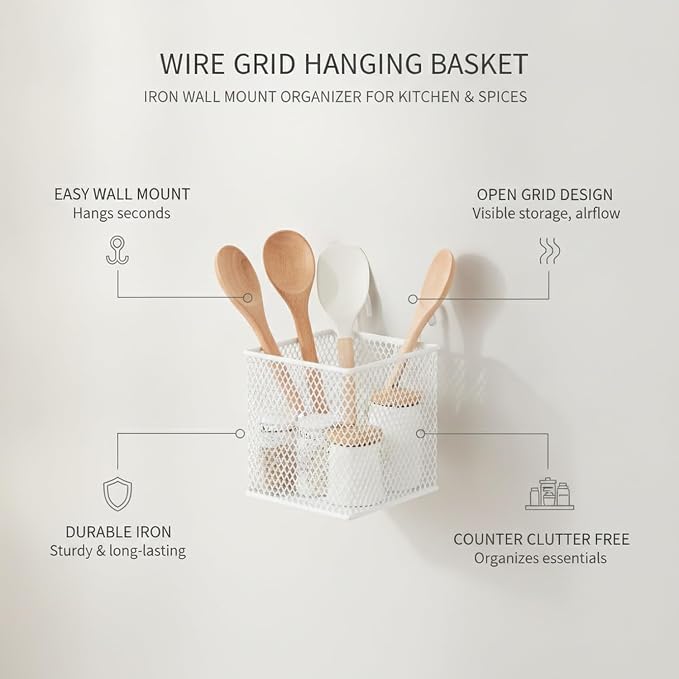 Wire Grid Hanging Basket, Iron Wall Mount Organizer - Image 4