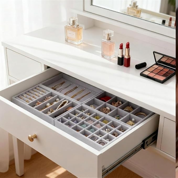 Velvet Jewelry Drawer Organizer – Four-Piece Stackable Jewelry Tray Set - Image 7