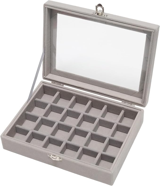 Small Velvet Jewelry Tray with Clear Lid, 24 Grids Gray | Lockable Ring Earring by Unknown