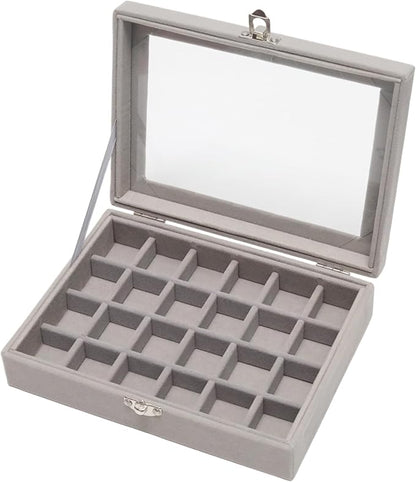 Small Velvet Jewelry Tray with Clear Lid, 24 Grids Gray | Lockable Ring Earring by Unknown
