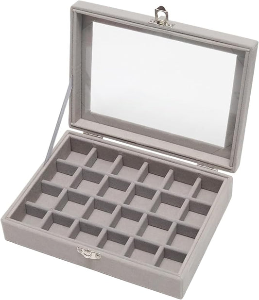 Small Velvet Jewelry Tray with Clear Lid, 24 Grids Gray | Lockable Ring Earring by Unknown