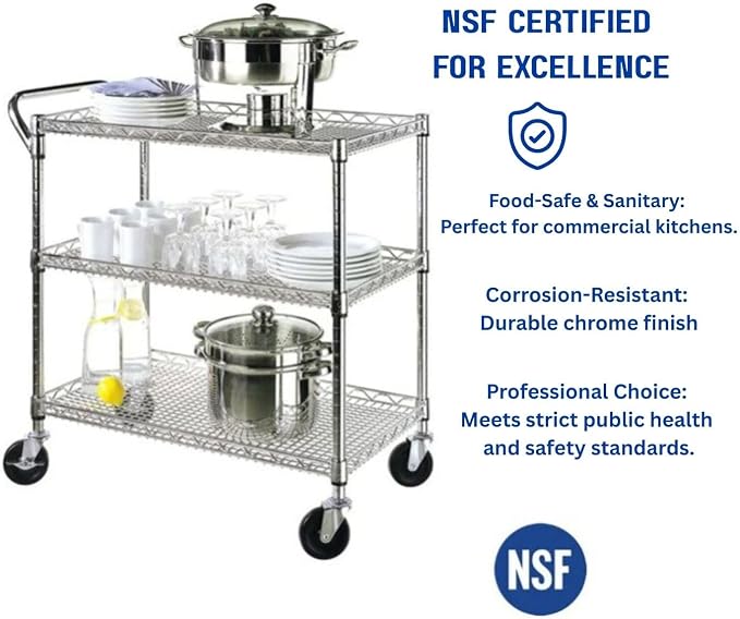 Heavy Duty 3 Tier Rolling Utility Kitchen Cart on Wheels, Large 45"L x 17 1/2"D - Image 6
