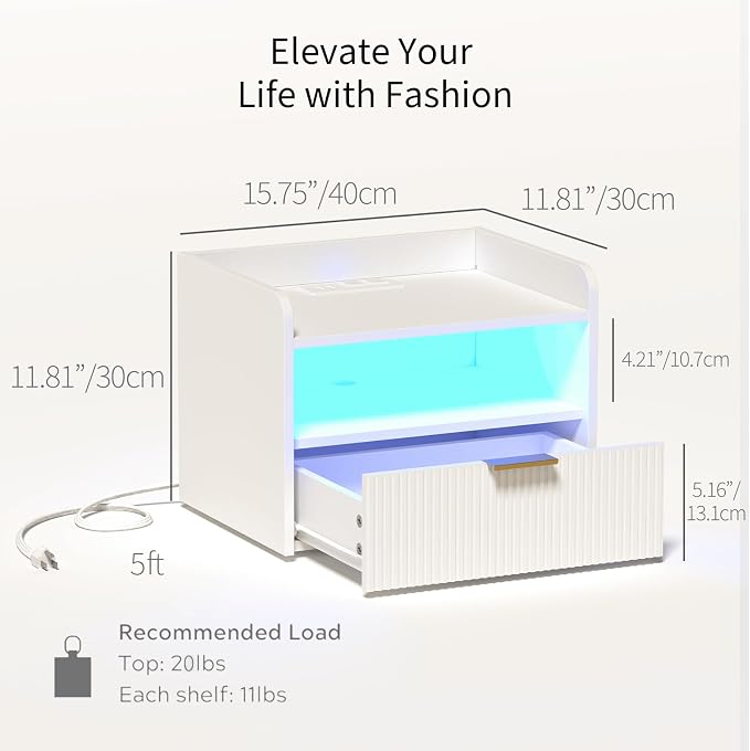 White Floating Nightstand with Charging Station and LED Lights - Image 2