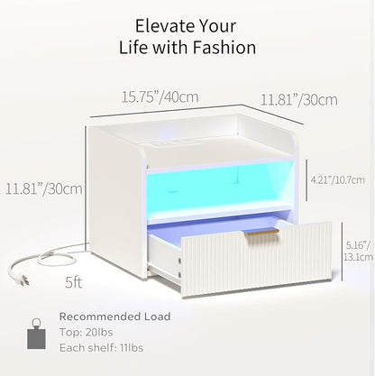 White Floating Nightstand with Charging Station and LED Lights - Image 2
