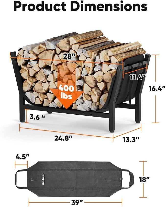 28 Inch Firewood Rack with 900D Canvas Log Carrier Bag, Outdoor Indoor Log - Image 6