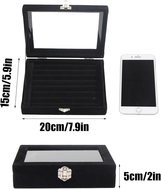 Small Velvet Jewelry Tray with Clear Lid, 8 Rolls Black | Lockable Ring Earring - Image 2
