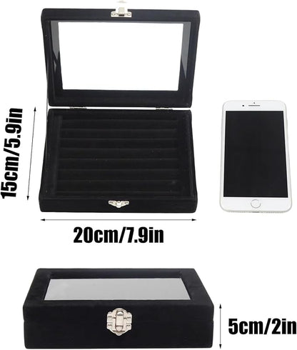 Small Velvet Jewelry Tray with Clear Lid, 8 Rolls Black | Lockable Ring Earring - Image 2
