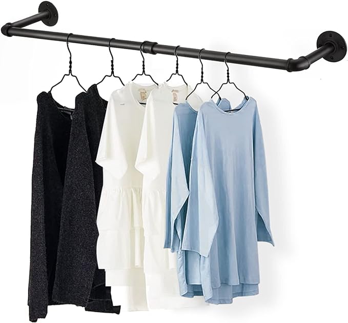 54” Wall Mounted Clothes Rack, Industrial Pipe Black Iron Garment Bar, by Fobule