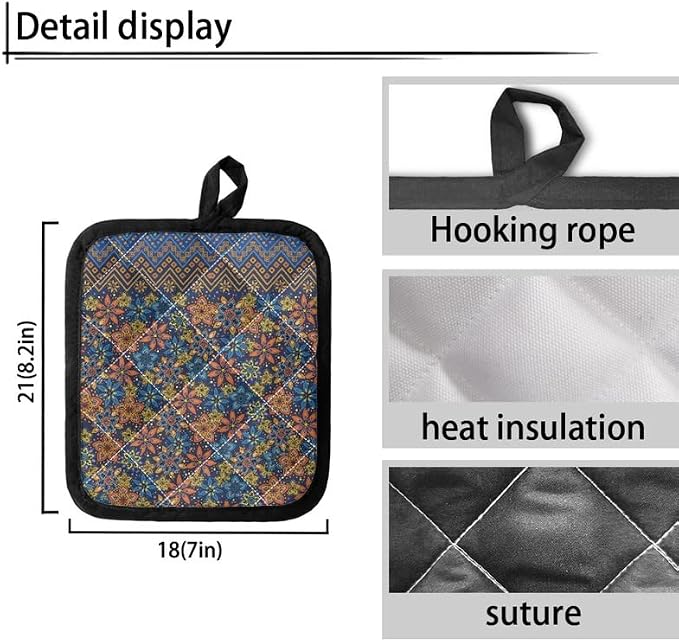 Hippie Flower Heat Resistant Potholders Hot Kitchen Pot Holders, Groovy Floral - Image 3