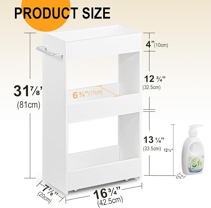 MARTY Wood Rolling Storage Cart 7.9" W, 3 Tier White Slim Utility Kitchen Cart - Image 5
