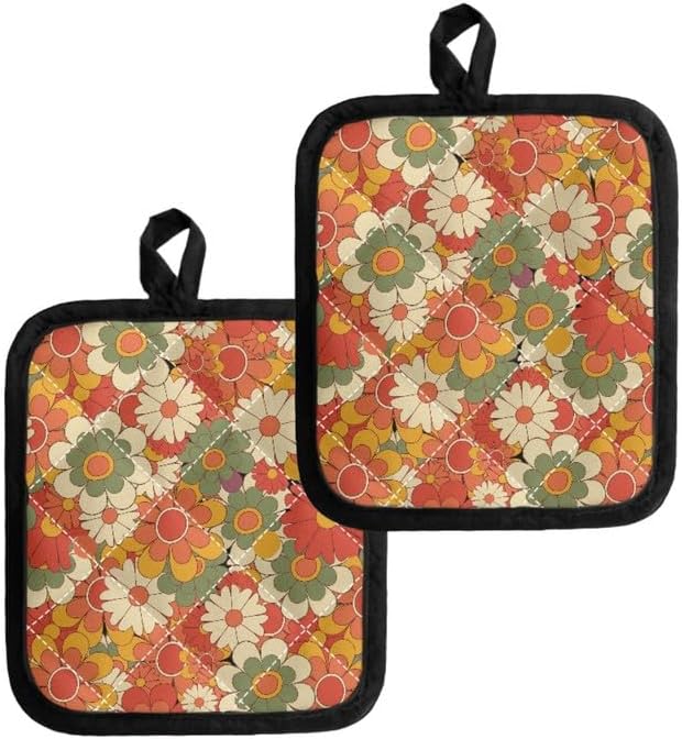 Groovy Flower Pot Holders 2 Sets, Hippie Floral Washable Potholder by Jndtueit